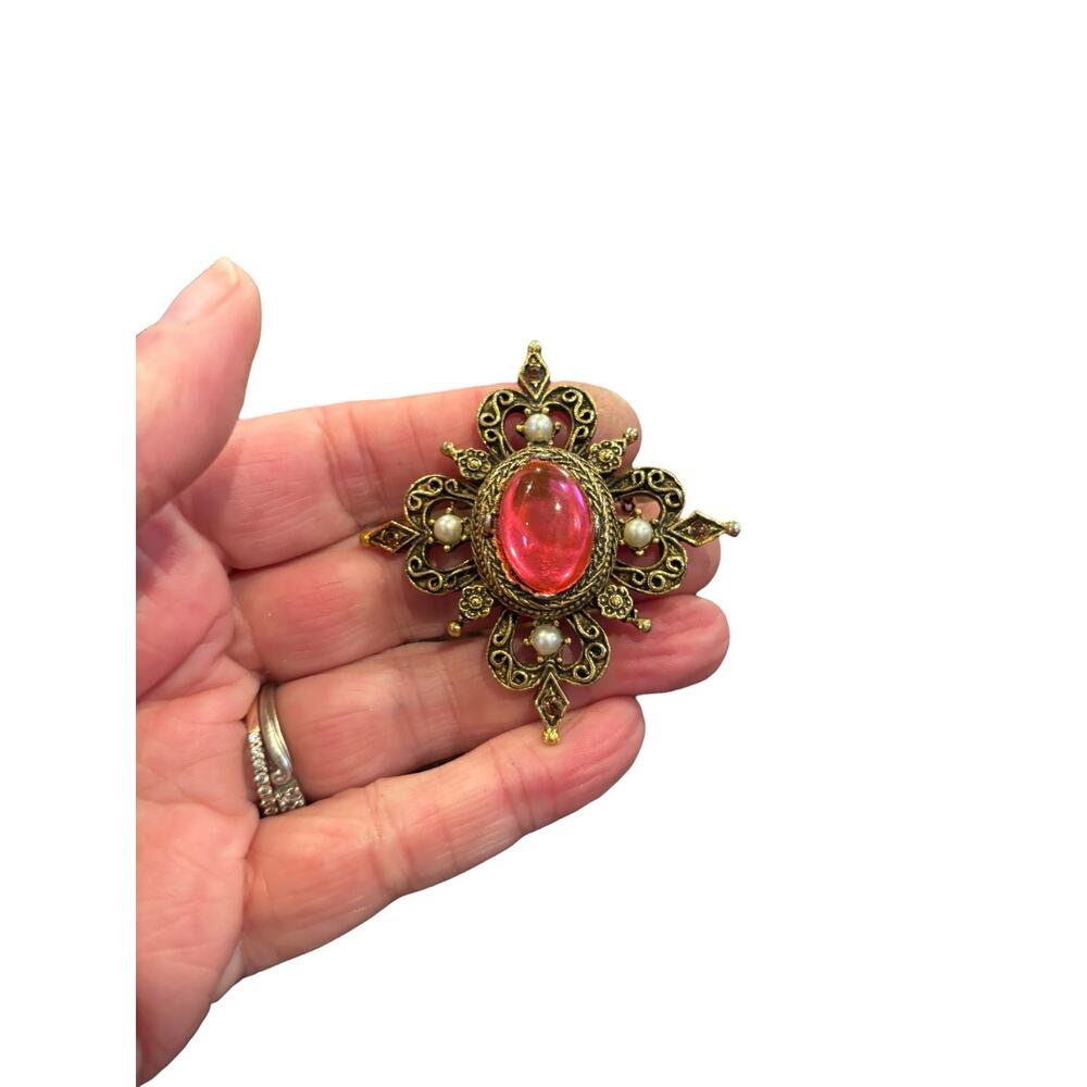 Hot Pink Cabochon Cross Brooch Gold Tone Faux Pearl Gothic Revival 1960s